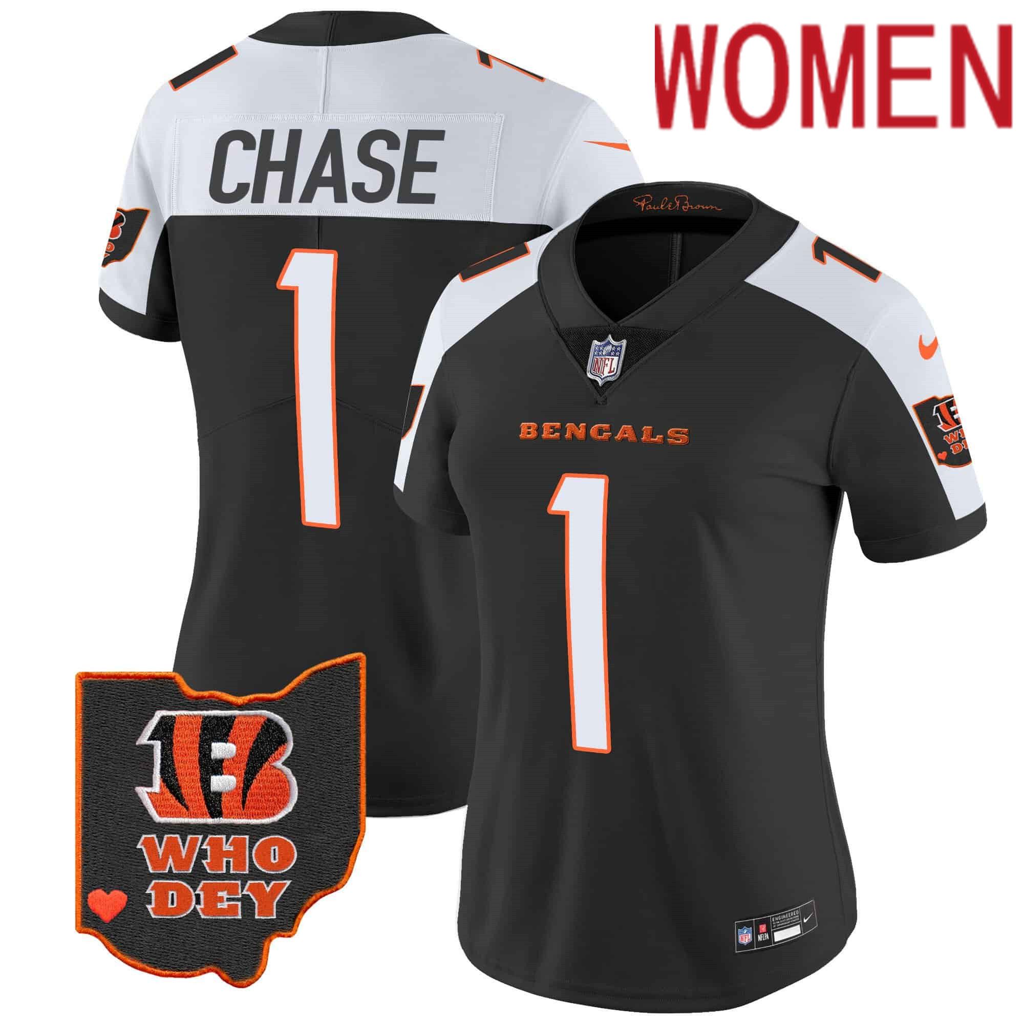 Women Cincinnati Bengals #1 Chase Black 2024 Nike Patch Vapor Limited NFL Jersey